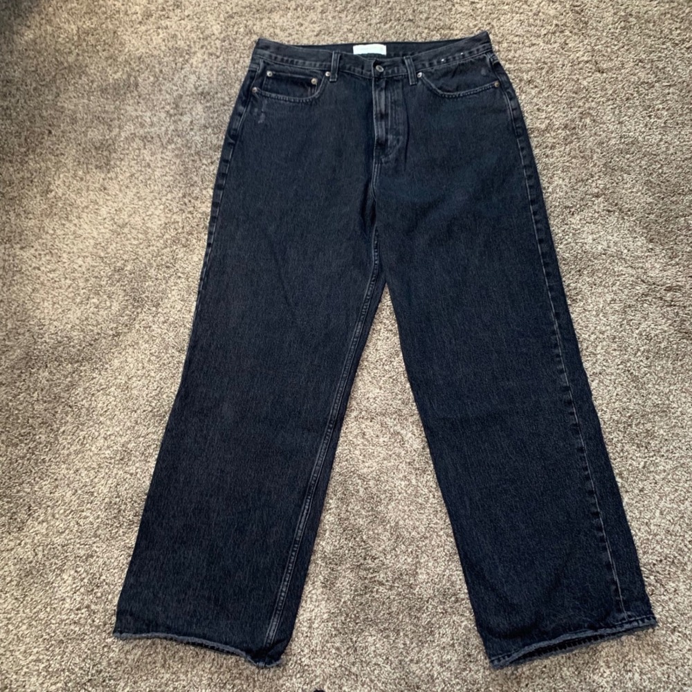 Abercrombie‎ & Fitch The Slouchy Jean Mid Rise Washed Black Raw Hem 32/14L